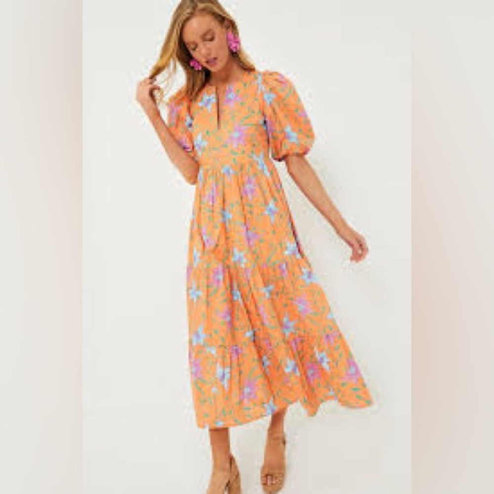 Floral Puff-Sleeve Midi Dress in Orange